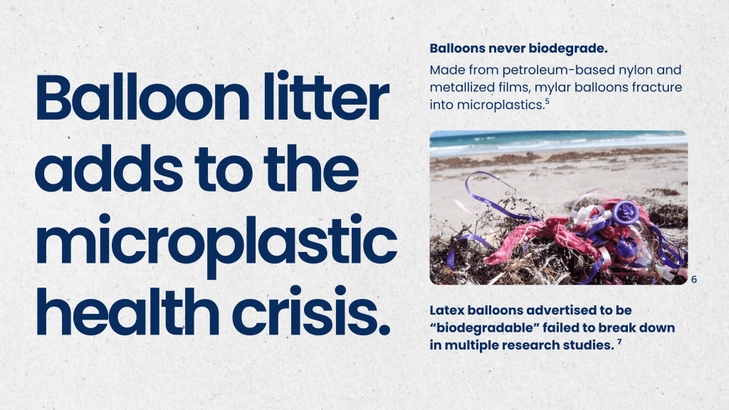 Title: Balloon litter adds to the microplastic health crisis. Balloons never biodegrade. (bold) Made from petroleum-based nylon and metallized films, mylar balloons fracture into microplastics.⁵ Image of pink latex balloon tangled with purple and white plastic strings and seaweed with shoreline in background. Latex balloons advertised to be “biodegradable” failed to break down in multiple research studies. ⁷